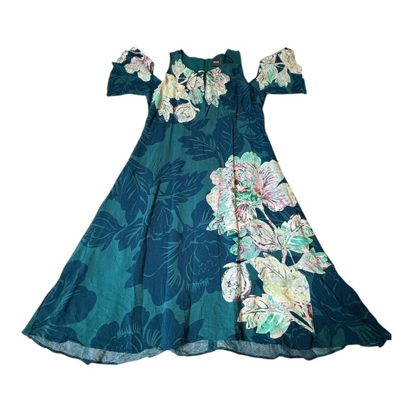 Anthropologie X Maeve Elia floral open Shoulder Petal Sleeve dress size 14 Teal - Picture 13 of 14